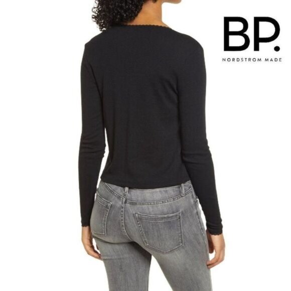 BP. Black Long Sleeve Tee Lace trim Neckline and Cuffs Women's Top NWT - Picture 2 of 8